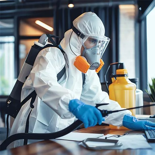 Profissional com equipamentos de proteção em um escritório